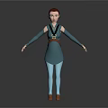 3D Female Character In Blue Outfit With Brown Belt And Brown Shoes Standing Pose