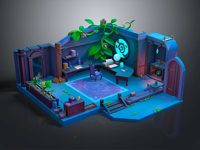 Blue Enchanted Interior With Green Vines Books Glowing Orb Desk And Purple Rug 3d model