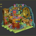 Fairy Tale Style Fantasy Workshop Room With Bookshelf Desk Giant Gear Clocks And Colorful Items