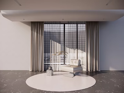 Modern Interior Large Windows With Two Layer Beige Thick Outer And Sheer Inner Curtains 3d model