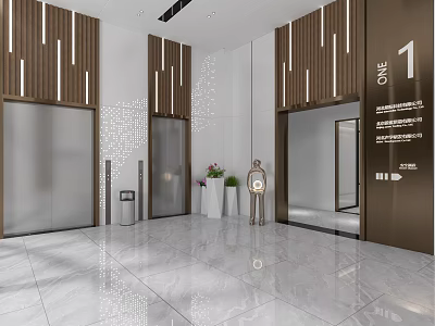 Modern Elevator Lobby Design With Wooden Decorative Panels Marble Flooring And Elevator Doors 3d model