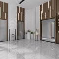 Modern Elevator Lobby Design With Wooden Decorative Panels Marble Flooring And Elevator Doors