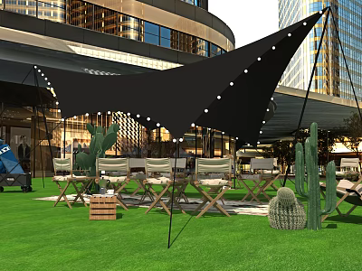 Garden Landscape With Black Sunshades String Lights Green Lawn Folding Chairs Cactus Decorations Modern Buildings 3d model