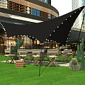 Garden Landscape With Black Sunshades String Lights Green Lawn Folding Chairs Cactus Decorations Modern Buildings