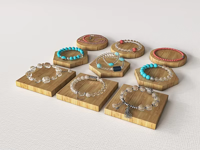 Various Jewelry Pieces Including Bracelets And Necklaces On Wooden Trays With Colorful Beads 3d model
