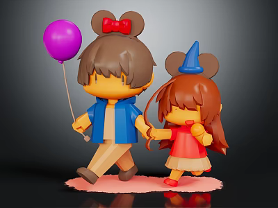 Cartoon Characters With Mickey Mouse Ears Holding Hands Purple Balloon And Blue Party Hat 3d model