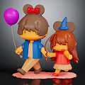 Cartoon Characters With Mickey Mouse Ears Holding Hands Purple Balloon And Blue Party Hat 3d model