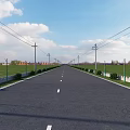 Long Road with Street Lights Guardrails White Lane Dividers and Green Grass Lawns
