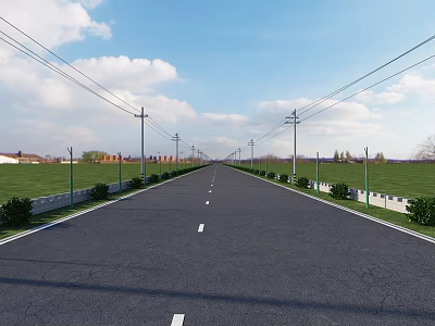 Long Road with Street Lights Guardrails White Lane Dividers and Green Grass Lawns 3d model