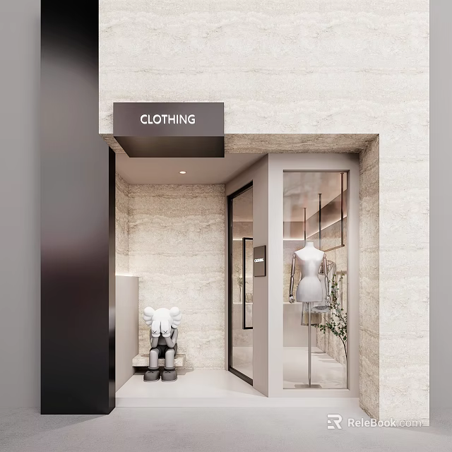 Modern Clothing Storefront with Stone Wall Glass Door and Clothing Signboard Display Mannequin 3d model 