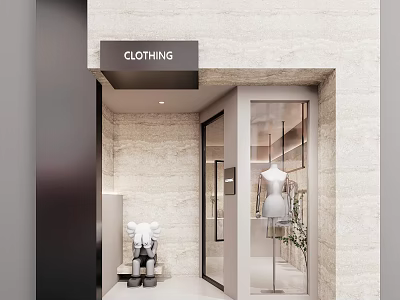 Modern Clothing Storefront with Stone Wall Glass Door and Clothing Signboard Display Mannequin 3d model