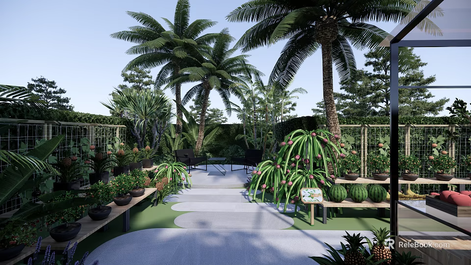 Tropical Garden Landscape With Palm Trees Various Plants Pathway Benches And Plant Shelves 3d model 