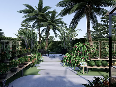 Tropical Garden Landscape With Palm Trees Various Plants Pathway Benches And Plant Shelves 3d model