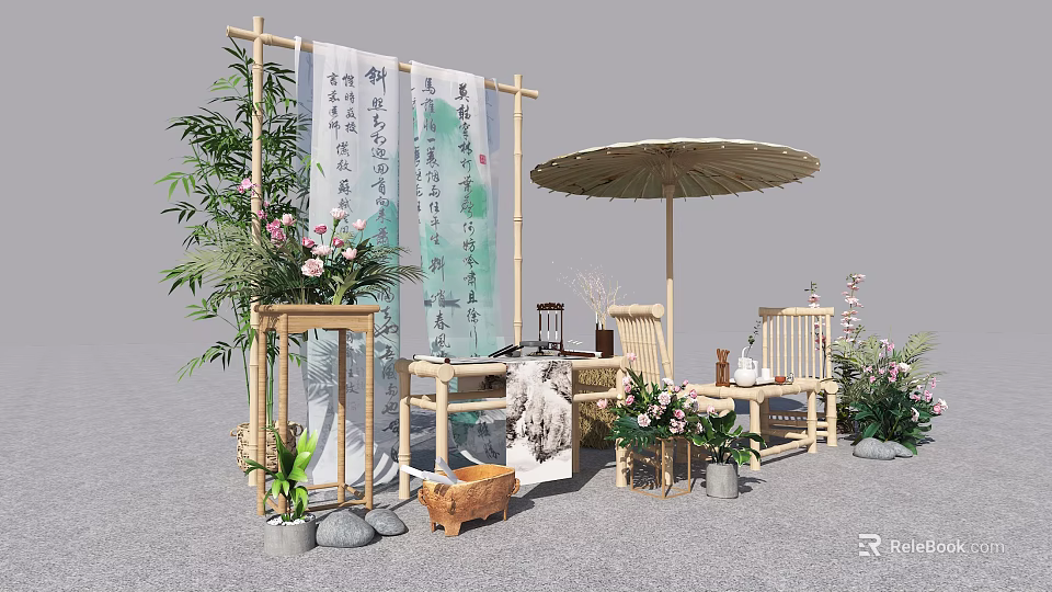 Chinese Style Outdoor Tea Setting With Bamboo Furniture Calligraphy Scrolls And Plants 3d model 