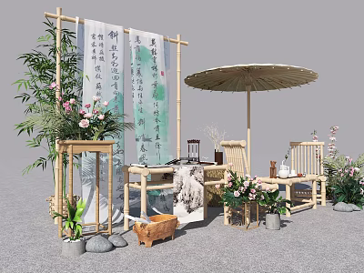 Chinese Style Outdoor Tea Setting With Bamboo Furniture Calligraphy Scrolls And Plants 3d model