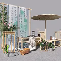 Chinese Style Outdoor Tea Setting With Bamboo Furniture Calligraphy Scrolls And Plants