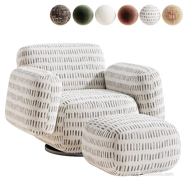 Modern Single Sofa with Black and White Striped Fabric and Ottoman 3d model 