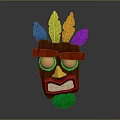 Decorative Wooden Totem Mask With Colorful Feathers And Green Accents For Home Decor