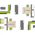 Modern Office Space Layout With Desks Chairs Green Gray Sofas And Dividers 3d model