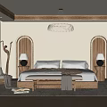 Warm Modern Bedroom Interior With Wooden Arched Doors Bed Nightstands Table Lamps And Pendant Light