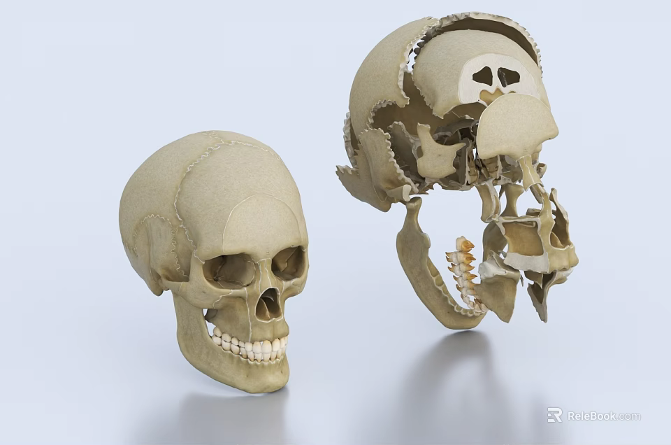 Medical Device Anatomical Human Skull Model With Complete And Disassembled Structures 3d model 