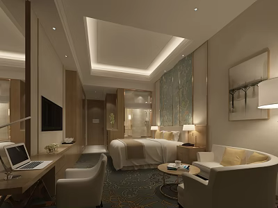 Elegant Hotel Guest Room Interior With Comfortable Bed Sofa And Modern TV Decorative Painting 3d model