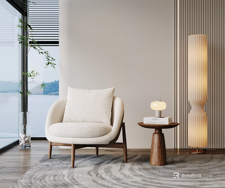 Modern Minimalist Beige Upholstered Single Sofa With Side Table Floor Lamp And Lake View Window 3d model 