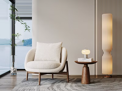 Modern Minimalist Beige Upholstered Single Sofa With Side Table Floor Lamp And Lake View Window 3d model