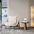 Modern Minimalist Beige Upholstered Single Sofa With Side Table Floor Lamp And Lake View Window