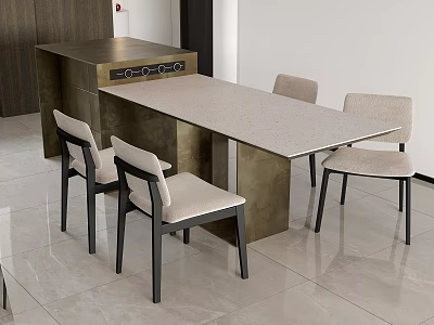 Modern Dining Table Set Light Tabletop Upholstered Seats Black Leg Chairs Metallic Cabinet Marble Floor 3d model
