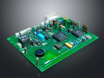 Green Circuit Board With Various Electronic Chips Capacitors Resistors And Connectors 3d model