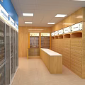 Pharmacy Store Interior With Blue Walls White Shelves Medication Displays And Checkout Counter