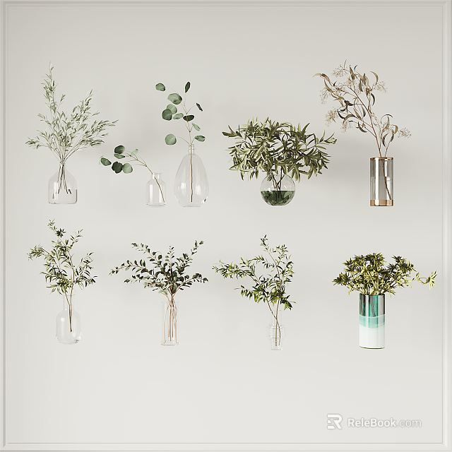 Various Glass Vases With Greenery And Flowers For Wall Decoration 3d model 