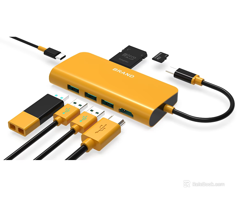 Yellow USB C Hub with Multiple Ports and Charging Cables for Mobile Devices 3d model
