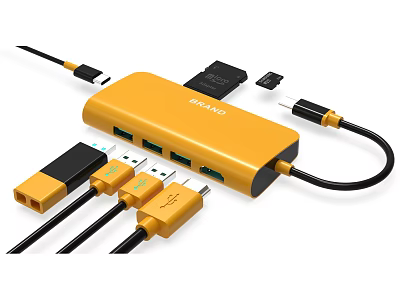 Yellow USB C Hub with Multiple Ports and Charging Cables for Mobile Devices 3d model