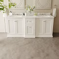 White Double Sink Bathroom Vanity with Marble Countertop Oval Mirrors Wall Sconces and Beige Wall
