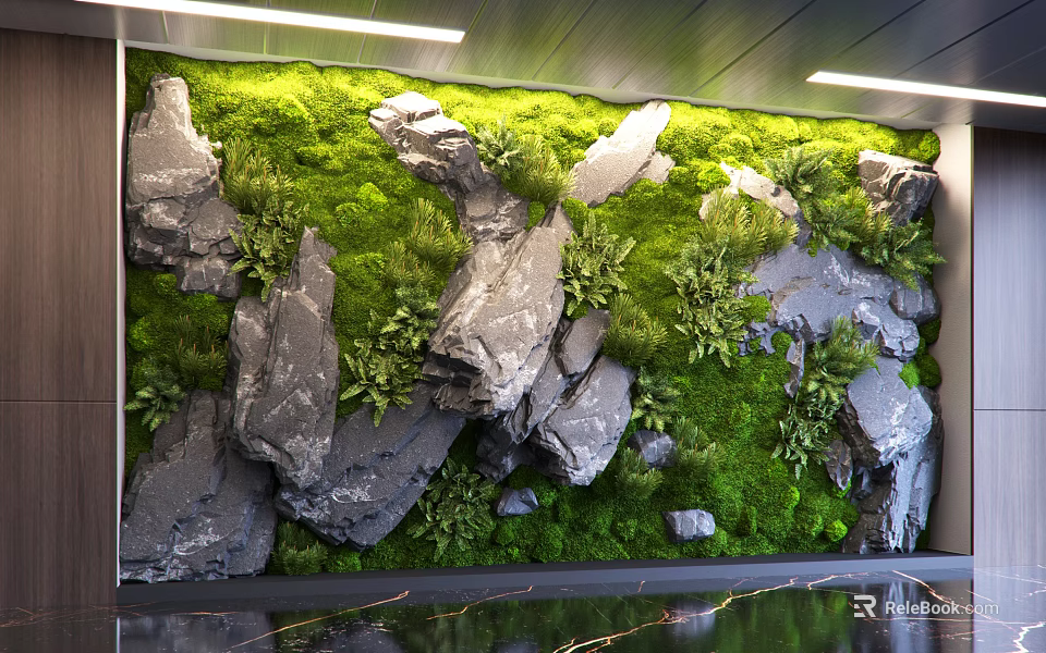 Interior Vertical Green Wall Design With Moss Rocks And Lush Plants 3d model 