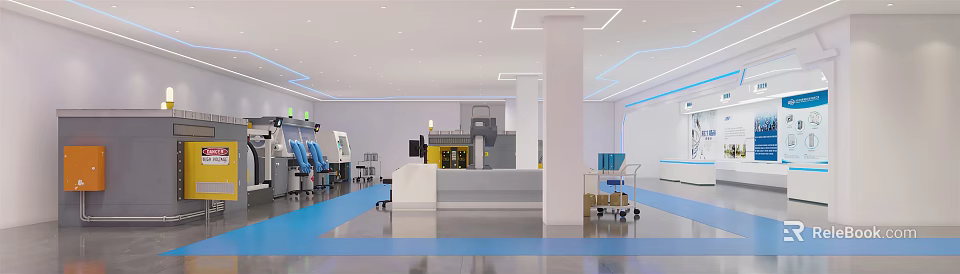 Modern Industrial Interior With Blue Flooring White Pillars And Technical Equipment 3d model 