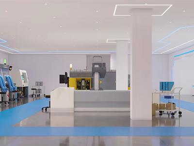 Modern Industrial Interior With Blue Flooring White Pillars And Technical Equipment 3d model