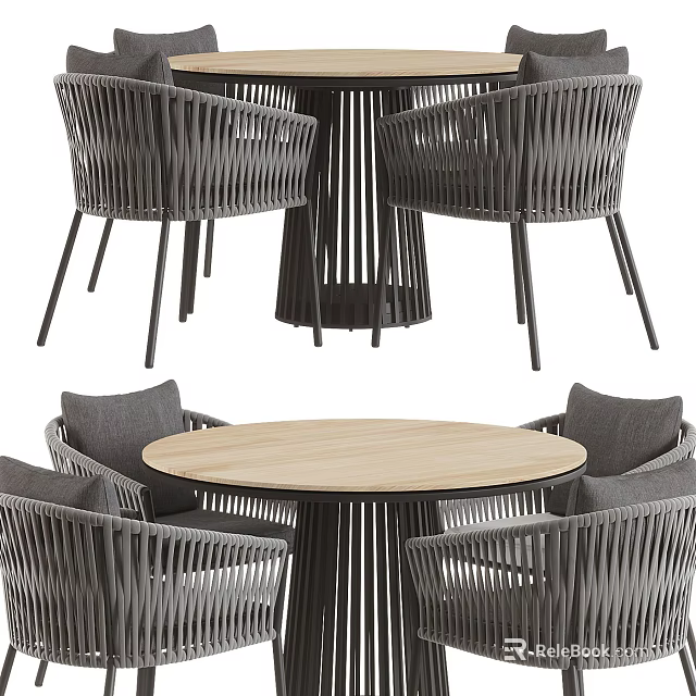 Modern Round Wooden Dining Table With Metal Frame Wicker Chairs And Gray Cushions 3d model 
