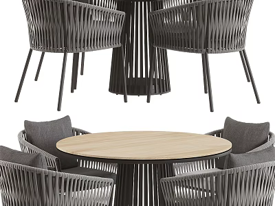 Modern Round Wooden Dining Table With Metal Frame Wicker Chairs And Gray Cushions 3d model