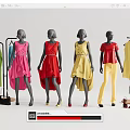 Fashion Models In Colorful Dresses And Pants With Hanging Clothes And Accessories