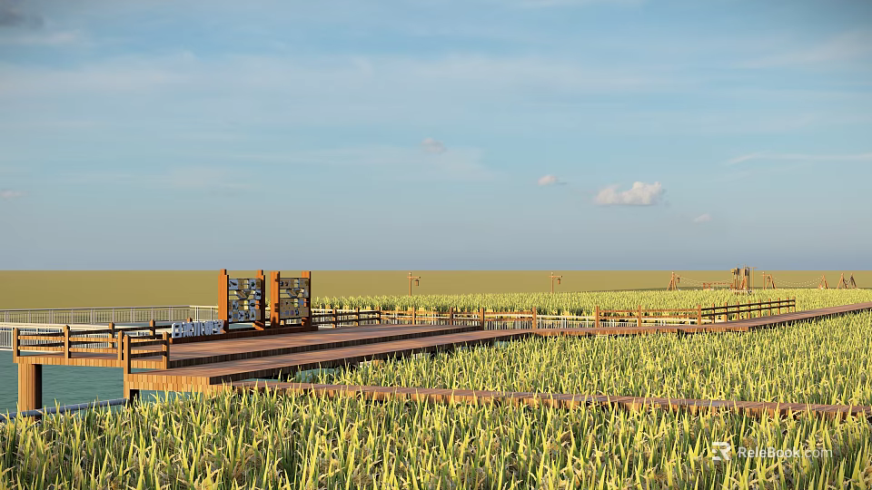Rural Landscape With Green Rice Field And Wooden Observation Platform Under Blue Sky 3d model 