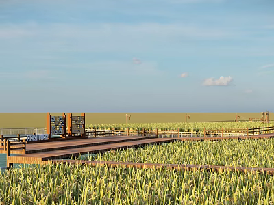 Rural Landscape With Green Rice Field And Wooden Observation Platform Under Blue Sky 3d model