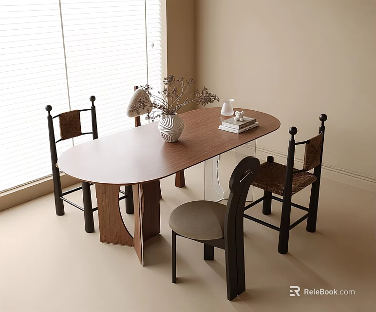 Minimalist Wooden Oval Dining Table Set With Chairs Vase Books And Window Blinds 3d model 