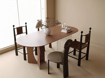 Minimalist Wooden Oval Dining Table Set With Chairs Vase Books And Window Blinds 3d model