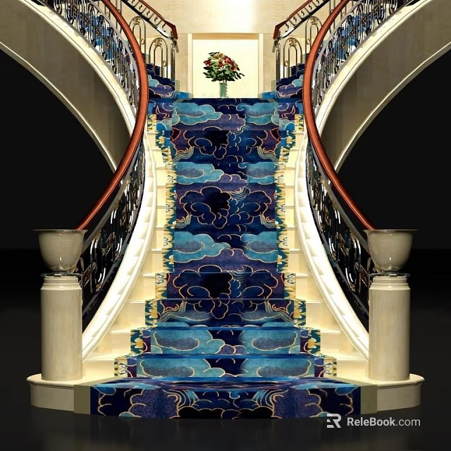 Elegant Staircase With Blue Cloud Pattern Carpet White Pillars Black Iron Railings And Flower Arrangement 3d model 