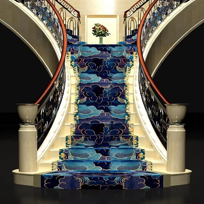 Elegant Staircase With Blue Cloud Pattern Carpet White Pillars Black Iron Railings And Flower Arrangement 3d model