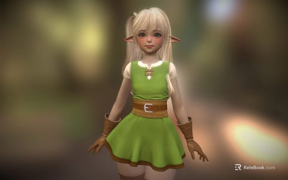Fantasy Elf Character In Green Dress With Blonde Hair Brown Belt Gloves 3d model 