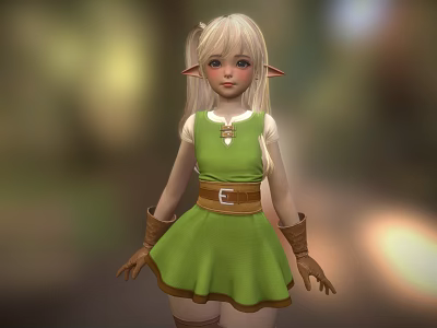 Fantasy Elf Character In Green Dress With Blonde Hair Brown Belt Gloves 3d model